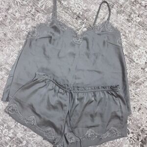 VS Satin Lace Gray Cami Short Pajama Set Large Sexy Loungewear